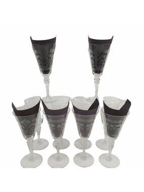 Etched Clear Crystal Cut Stemware Floral Design Wine Champagne Glass Set of 6